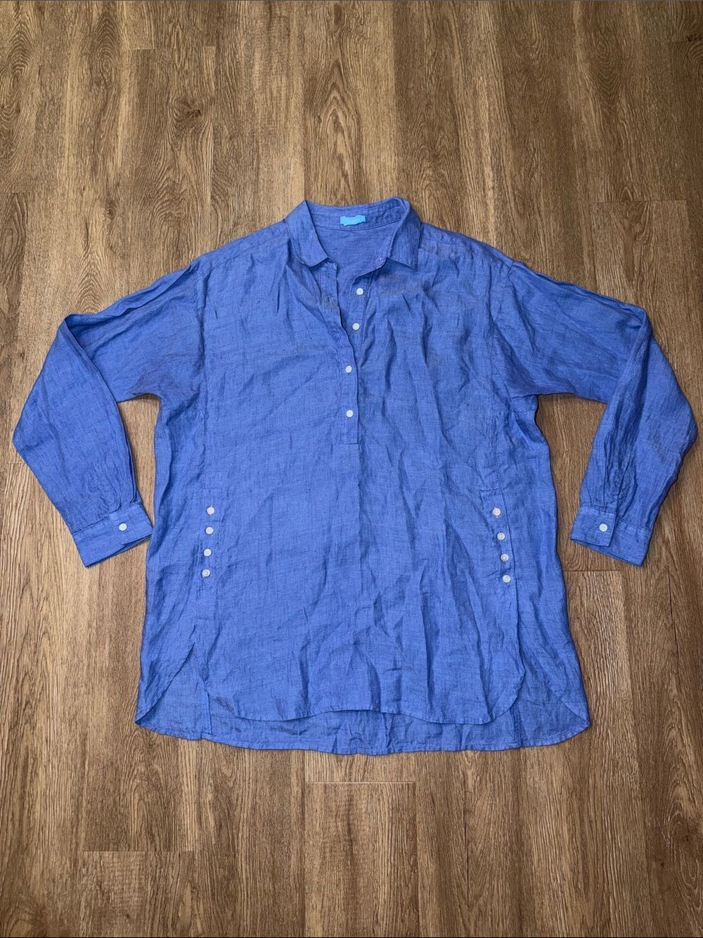 J. McLaughlin 100% Linen Side Button Tunic Shirt Dark Cornflower Blue Size Med